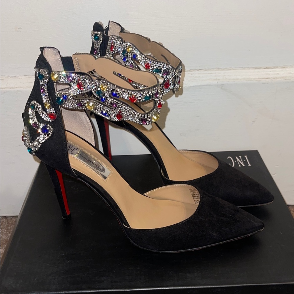 INC International Concepts Black Heels with Multicolor Embellishments